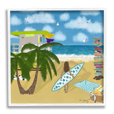 Stupell Industries Surfer Girl Walking Tropical Beach Framed Giclee Art, Design by Ale Saiz Studio