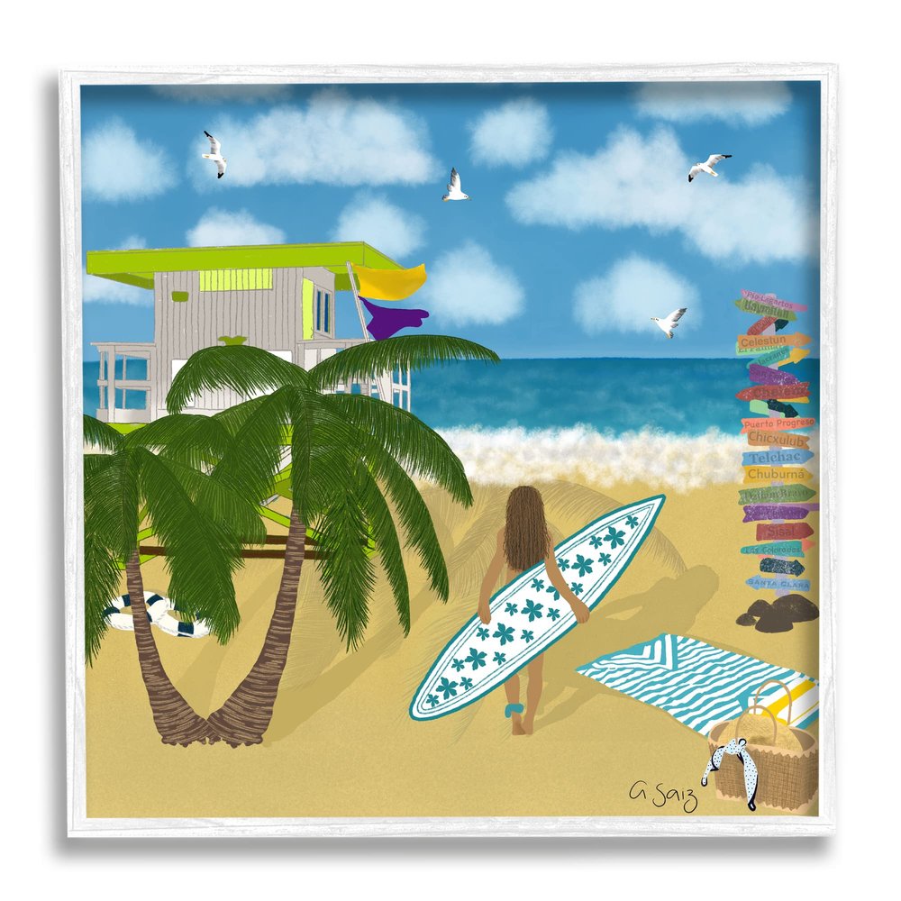 Stupell Industries Surfer Girl Walking Tropical Beach Framed Giclee Art, Design by Ale Saiz Studio