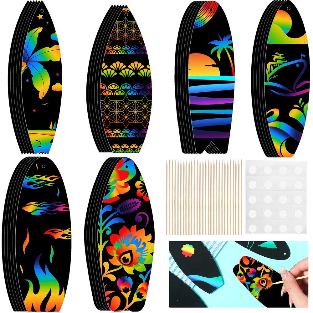 Libima 36 Pcs Summer Surfboard Scratch Cards Rainbow Art Paper for Ornament Mini Surfboard Card Decor Scratch Bookmarks Beach Party Favor DIY Classroom Birthday Gift, 6 Styles