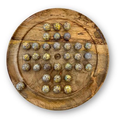 30cm Diameter MANGO WOOD SOLITAIRE BOARD GAME with SPECKLED GOLDEN SPINOSAURUS GLASS MARBLES | |classic wooden solitaire game | strategy board game