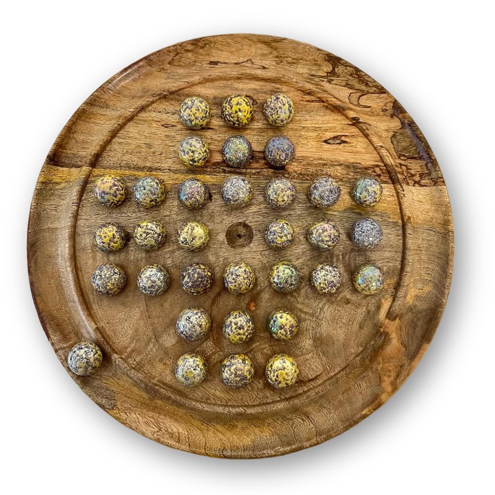 30cm Diameter MANGO WOOD SOLITAIRE BOARD GAME with SPECKLED GOLDEN SPINOSAURUS GLASS MARBLES | |classic wooden solitaire game | strategy board game