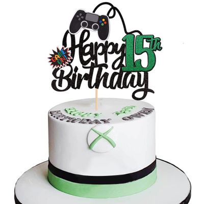 1 PCS Video Game Happy 15th Birthday Cake Topper Glitter Video Game Cake Pick Game On Controllers Fifteen Cheers to 15 Years Cake Decoration for Happy 15th Birthday Party Supplies Green