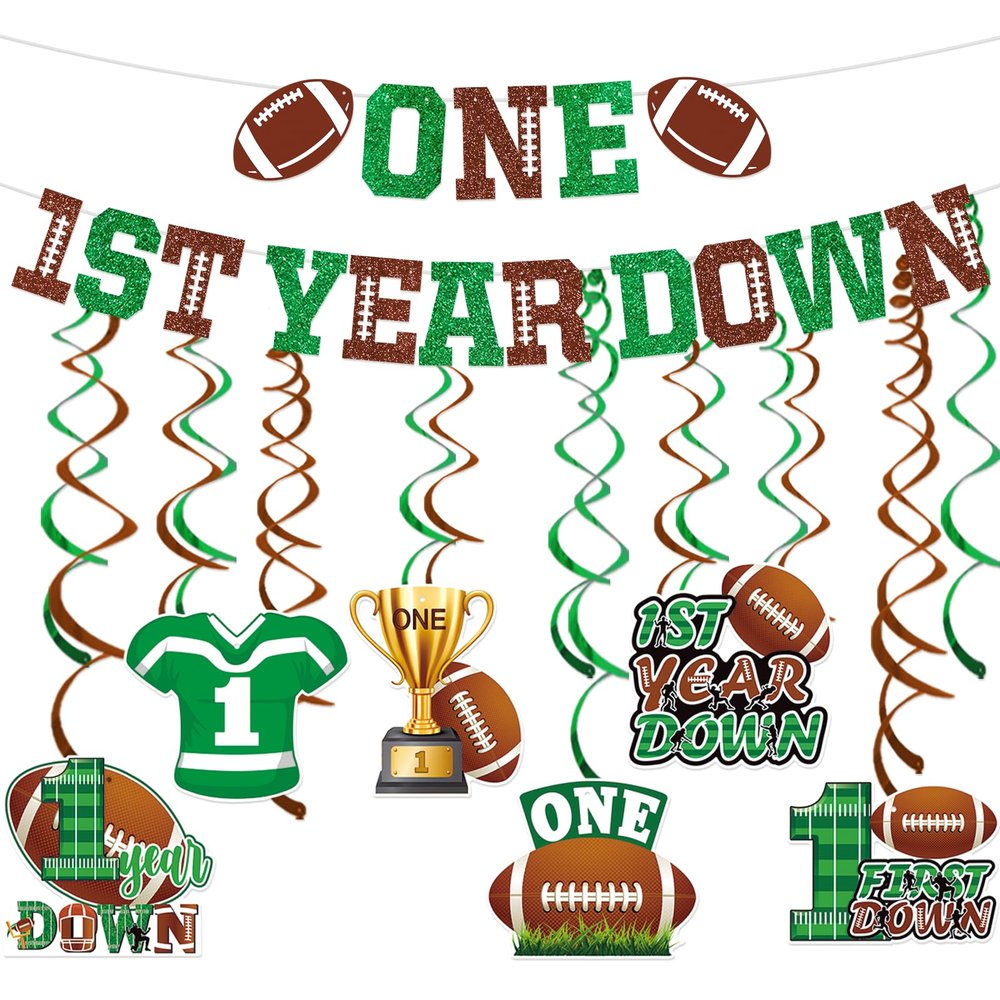 1st Year Down Football Party Decorations - First Birthday Hanging Banner