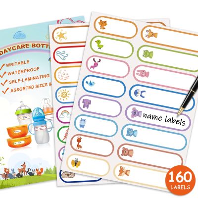 160 PCS Baby Bottle Labels for Daycare, Waterproof Write-On Kids Name Labels, Self-Laminating Self-Adhesive Bottle Strickers for Daycare School, Assorted Sizes & Colors