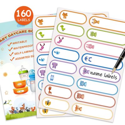 160 PCS Baby Bottle Labels for Daycare, Waterproof Write-On Kids Name Labels, Self-Laminating Self-Adhesive Bottle Strickers for Daycare School, Assorted Sizes & Colors