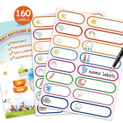 160 PCS Baby Bottle Labels for Daycare, Waterproof Write-On Kids Name Labels, Self-Laminating Self-Adhesive Bottle Strickers for Daycare School, Assorted Sizes & Colors