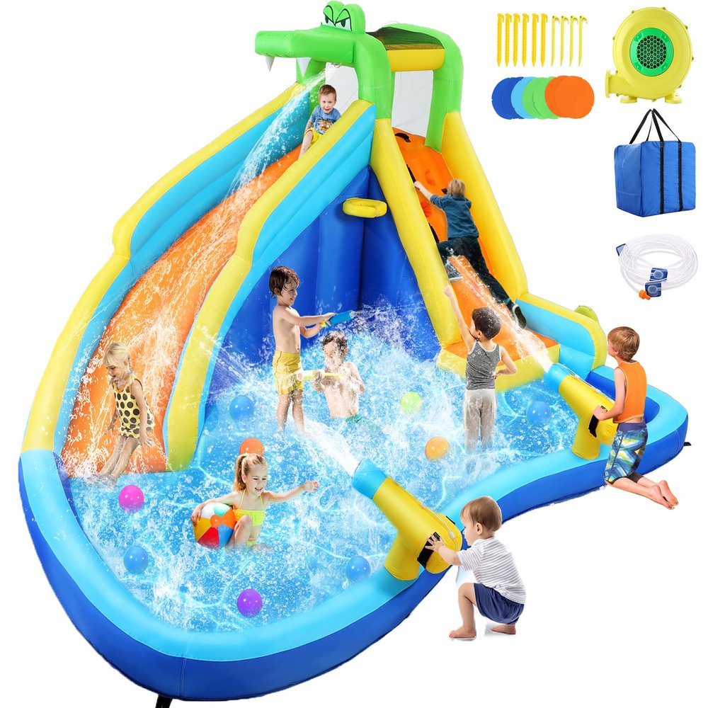 Whubefy Inflatable Water Slides for Kids with 450W Blower, 6 in 1 Blow Up Water Park, 158x 138 x 89 Waterslide w/Climbing Wall, Splash Pool, 2 Water Cannon, Basketball Rim & Crocodile Shower Head