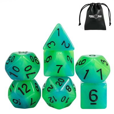Poludie Glow in The Dark DND Dice, 7Pcs Luminous Polyhedral Die Set with Leather Die Bag, Glowing D&D Dice for RPG Table Games(Green Blue)