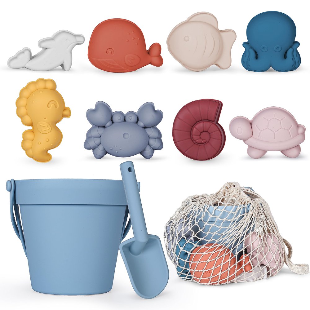 MarcZero 11Pcs Silicone Beach Toys,Modern Baby Beach Toys,Travel Friendly Beach Set,Silicone Bucket, Shovel, 8 Sand Molds, Beach Bag,Silicone Sand Toys for Toddlers, Kids (Blue)