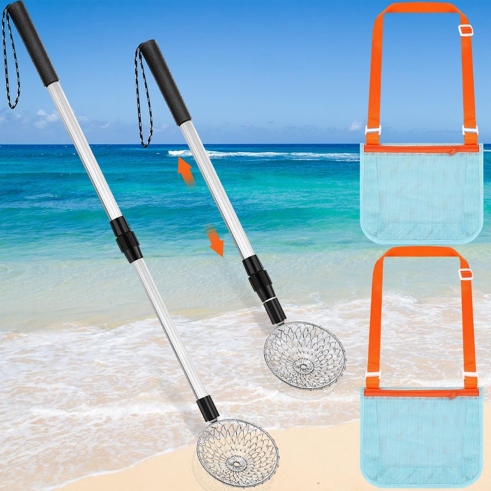 Zhehao 4 Pack Shelling Tools for Beach Include 2 Pcs Shark Tooth Sifter and 2 Pcs Seashell Bag Sand Sifter with Long Adjustable Handle Adults Boys Girls Summer Beach Toys