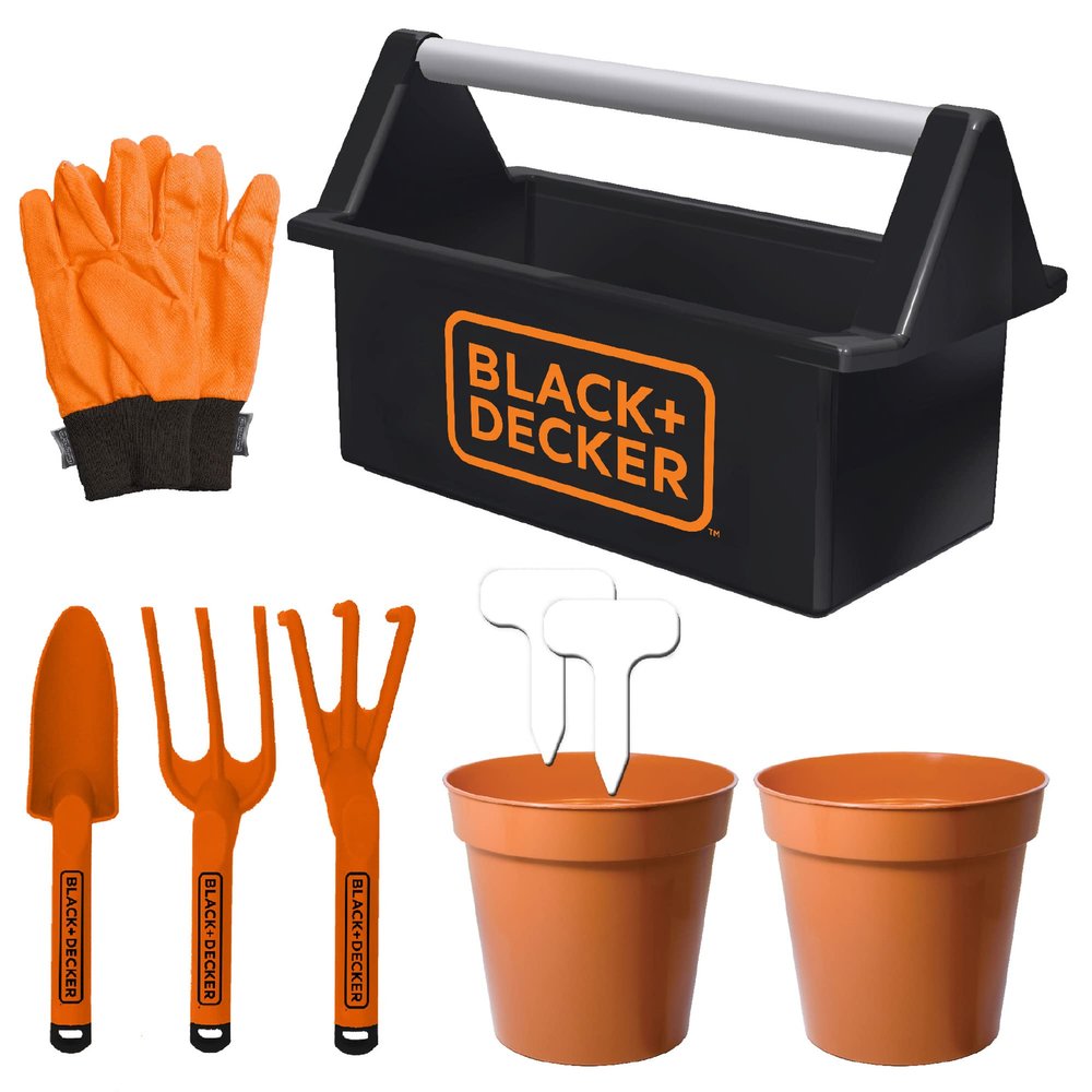 Black & Decker Open Garden Toolbox Complete with Eight Piece Garden Tools Set for Kids