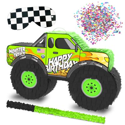Jergrim Monster Truck Piata, 4 Piece Set, perfect for Kids Birthday Parties, Race Car Party Supplies fits piata candy and party favors (16X10) Durable! (Green Monster Truck)