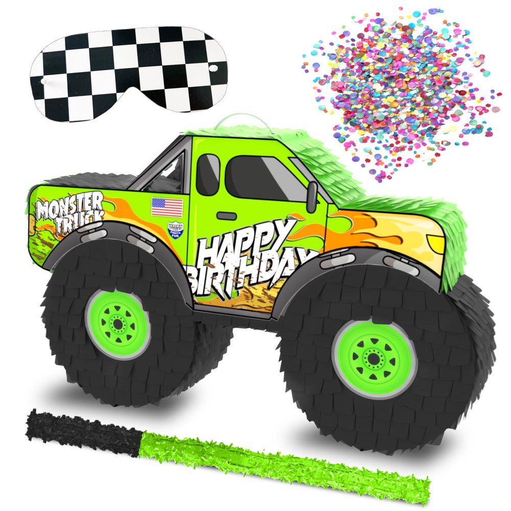 Jergrim Monster Truck Piata, 4 Piece Set, perfect for Kids Birthday Parties, Race Car Party Supplies fits piata candy and party favors (16X10) Durable! (Green Monster Truck)
