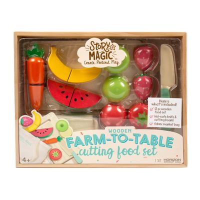 Story Magic Wooden Farm-to-Table Cutting Set, Wooden Play Food Toy, Kids Wood Cutting Fruits & Veggies, Toddler Cooking Pretend Play Kitchen Set