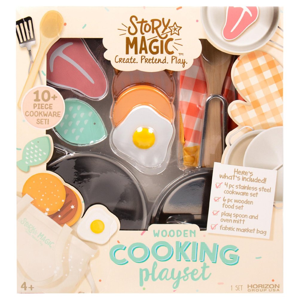 Story Magic Wooden Cooking Playset, 10+ Piece Wooden Kids Pretend Play Kitchen Set, Ages 4+