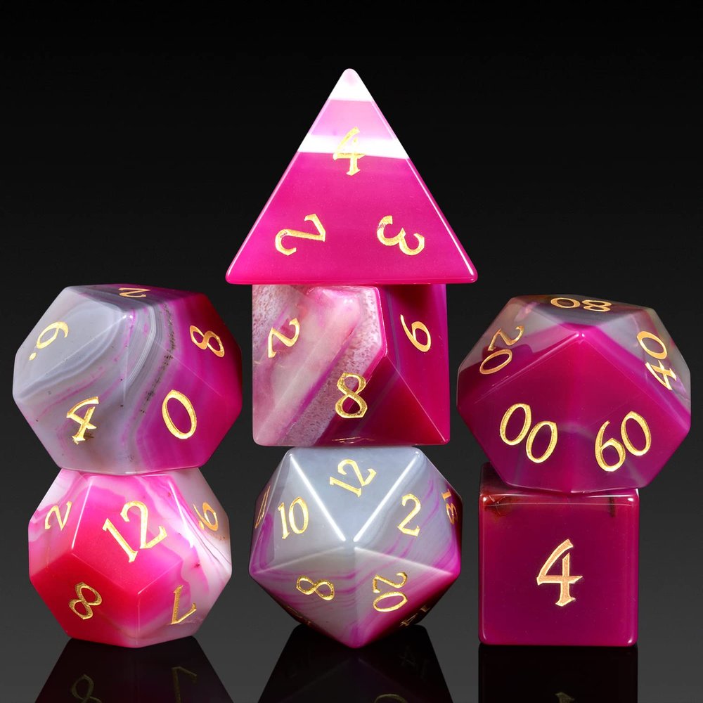 DNDND Aage DND Dice Set 7 PCS Crystal D&D Dice with Gorgeous Gift Case for Dungeons and Dragon Tabletop Game (Pink Agate)