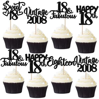 30PCS Happy 18th Birthday Cupcake Toppers Glitter Awesome Since 2008 Eighteen 18 Fabulous Vintage 2008 Cupcake Picks for 18th Birthday Anniversary Retirement Party Cake Decorations Supplies Black