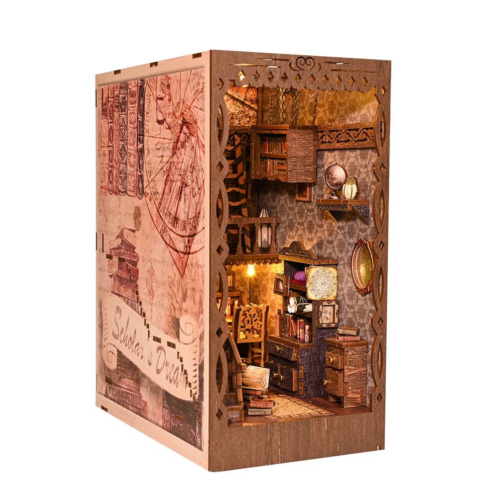 3D Wooden Puzzle Bookshelf Insert Decor,DIY Dollhouse Miniature Book Nook Assemble Kit,Bookends Model Build-Creativity Kit for Adults Women Birthday Gift