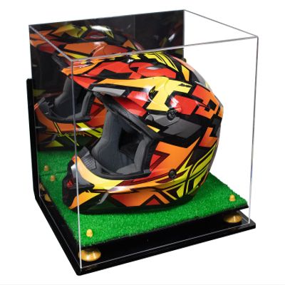 Better Display Cases Acrylic Motorcycle Helmet Display Cases with Mirror Case, Yellow Risers and Turf Base and Wallmount - 16" x 13" x 14" (A024/V61)