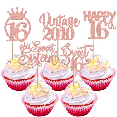 30PCS Vintage 2010 Cupcake Toppers Glitter Sixteen 16 Fabulous Happy 16th Birthday Cupcake Picks Cheers to 16 Years for 16th Birthday Wedding Anniversary Party Cake Decorations Supplies Rose Gold