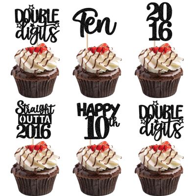 30PCS Black 10th Birthday Cupcake Toppers Glitter Ten Happy 10 Straight Outta 2016 Cupcake Picks for Cheers to 10 Years 10th Birthday Wedding Anniversary Party Cake Decorations Supplies