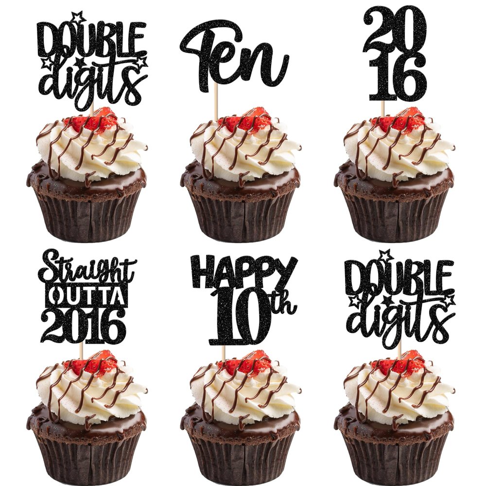 30PCS Black 10th Birthday Cupcake Toppers Glitter Ten Happy 10 Straight Outta 2016 Cupcake Picks for Cheers to 10 Years 10th Birthday Wedding Anniversary Party Cake Decorations Supplies