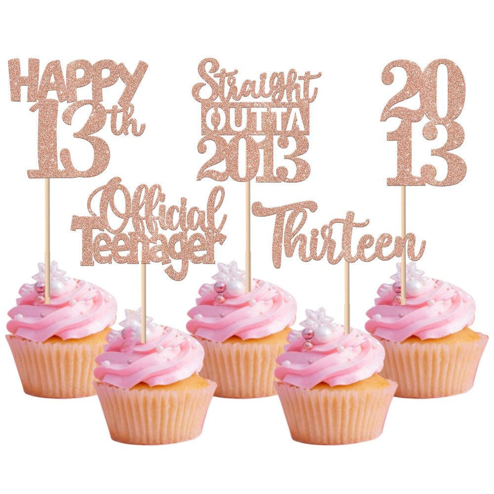 30PCS 13th Birthday Cupcake Toppers Glitter Thirteen Happy 13 Straight Outta 2013 Cupcake Picks for Cheers to 13 Years 13th Birthday Anniversary Party Decorations Supplies Rose Gold