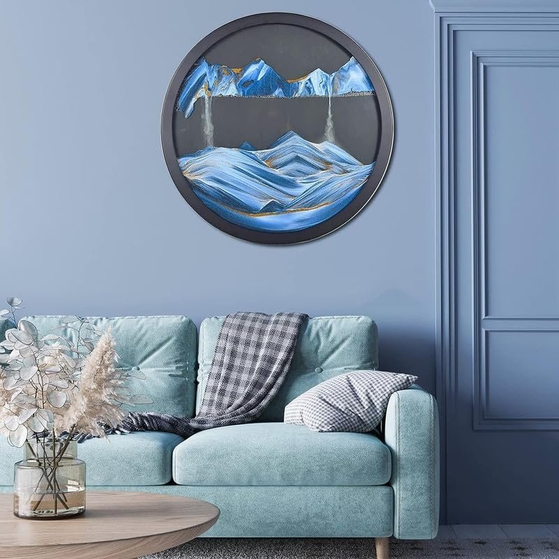 AECEVAN Sand Art Liquid Motion, 17.3'' Moving Sand Art Decor 360 Rotating Deep Sea Sandscape 3D Round Glass Frame Display Flowing Sand Relaxing Toys for Home Office Work Decor