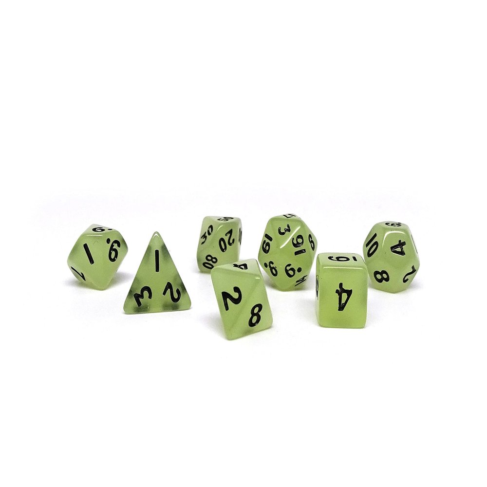 10mm Mini Polyhedral Dice Collection - Includes one D20, D12, D10, D8, D6, D4, and D00 (Glow in The Dark)