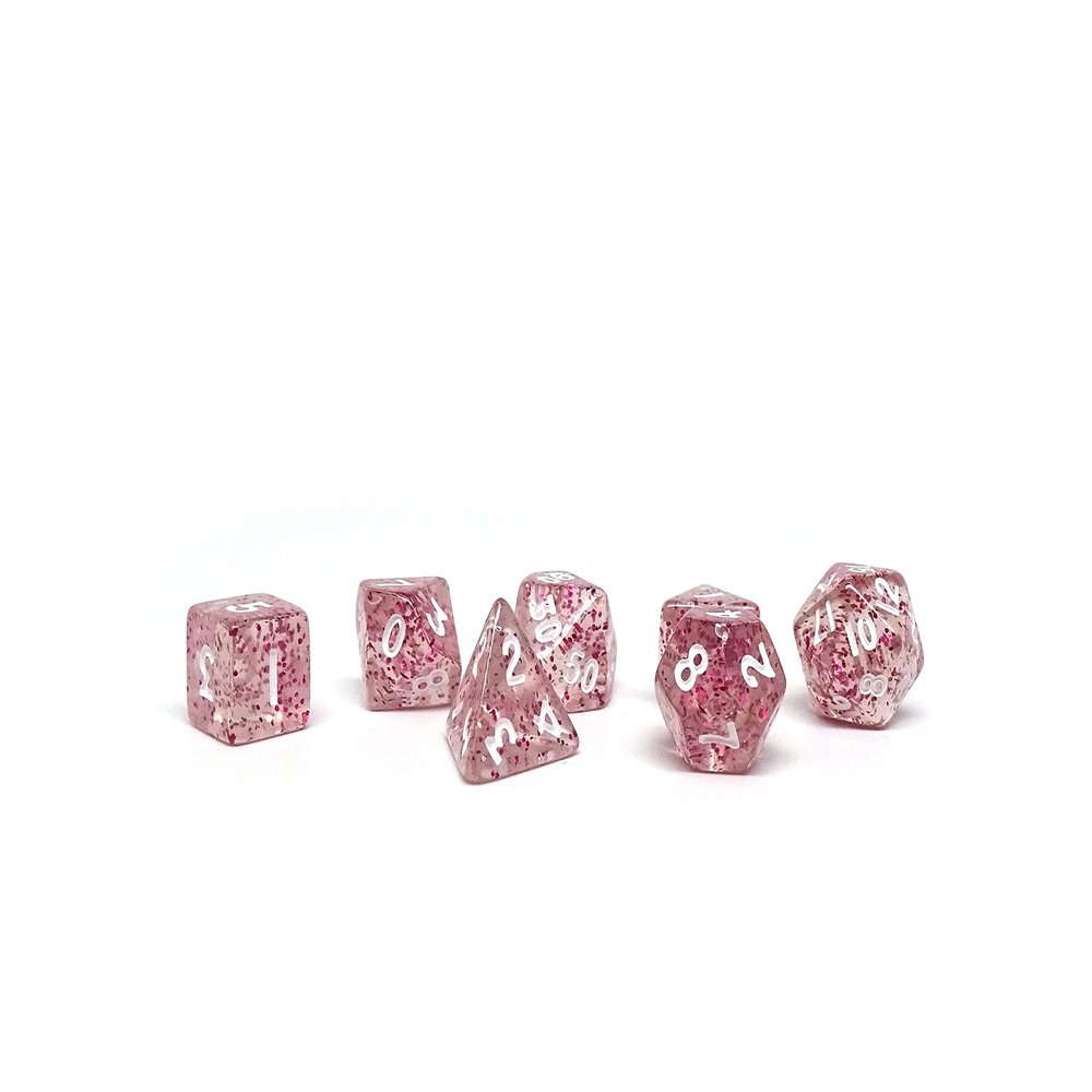 10mm Mini Polyhedral Dice Collection - Includes one D20, D12, D10, D8, D6, D4, and D00 (Pink Sparkle)