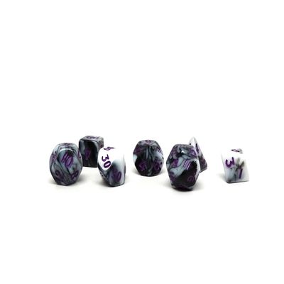10mm Mini Polyhedral Dice Collection - Includes one D20, D12, D10, D8, D6, D4, and D00 (Marbled with Purple Numbering)