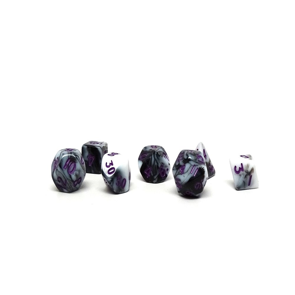 10mm Mini Polyhedral Dice Collection - Includes one D20, D12, D10, D8, D6, D4, and D00 (Marbled with Purple Numbering)