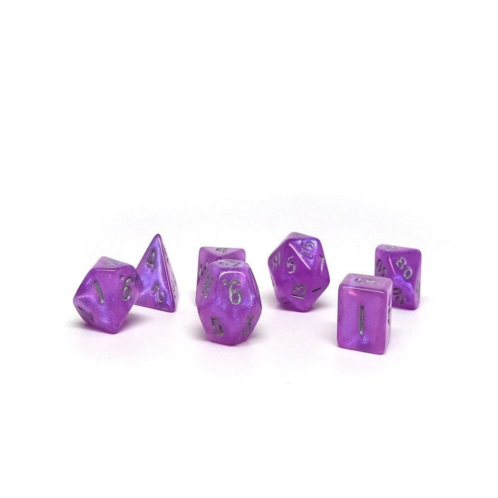 10mm Mini Polyhedral Dice Collection - Includes one D20, D12, D10, D8, D6, D4, and D00 (Violet Dust)
