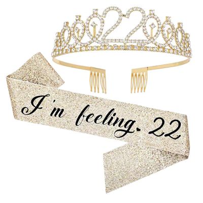 22nd Birthday Sash and Tiara, I'm feeling 22 Sash and 22 Crown, Happy 22nd Birthday Gifts for Party Favors Supplies and Decorations, Gold