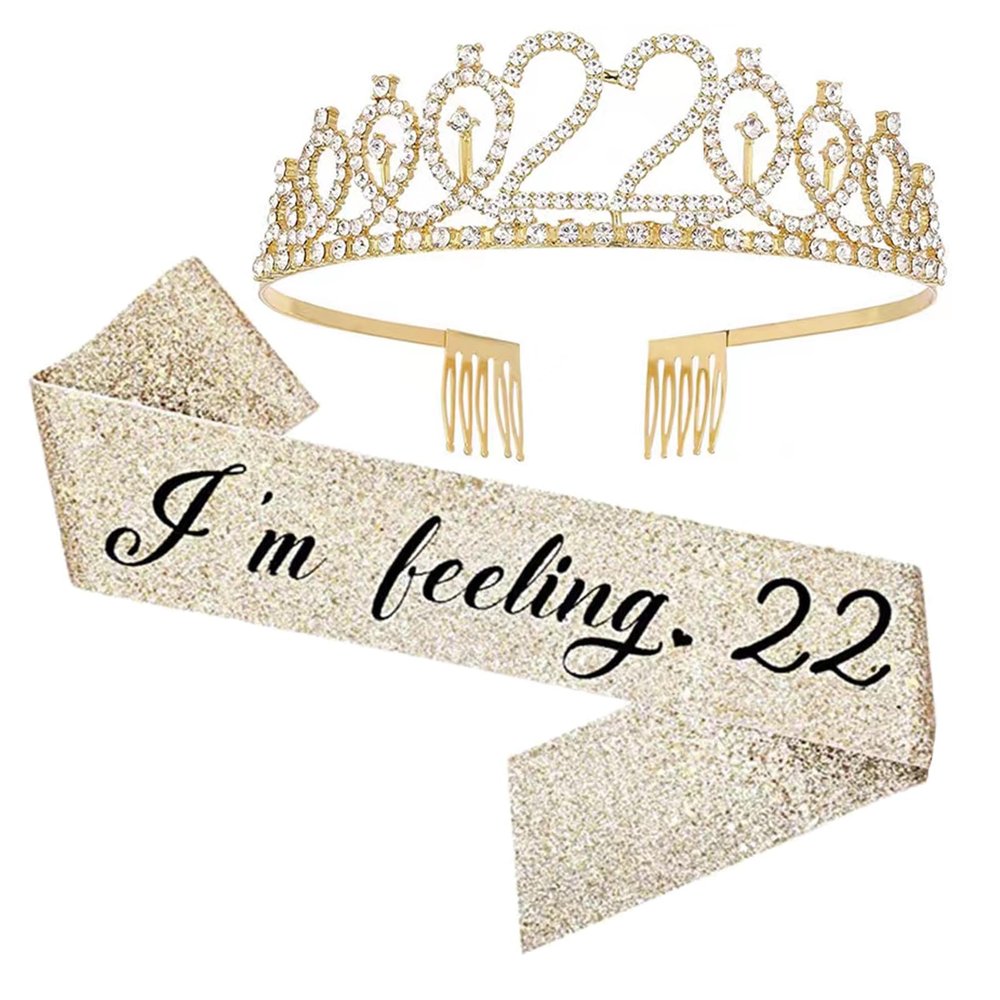 22nd Birthday Sash and Tiara, I'm feeling 22 Sash and 22 Crown, Happy 22nd Birthday Gifts for Party Favors Supplies and Decorations, Gold
