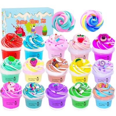 15 Packs Duo Colored Butter Slime Kit, Non Sticky, Super Soft Sludge Toy, Birthday Gifts and Party Favors for Girls & Boys