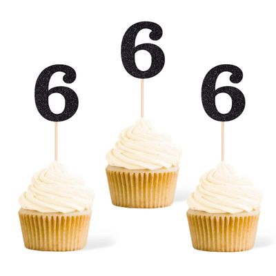 Gexolenu 24 PCS Black Double-sided 6th Birthday Cupcake Toppers, Glitter Age SIX Cake Picks Decor, Sixth Happy Birthday Party Decorations Baby Shower Anniversary Party Supplies