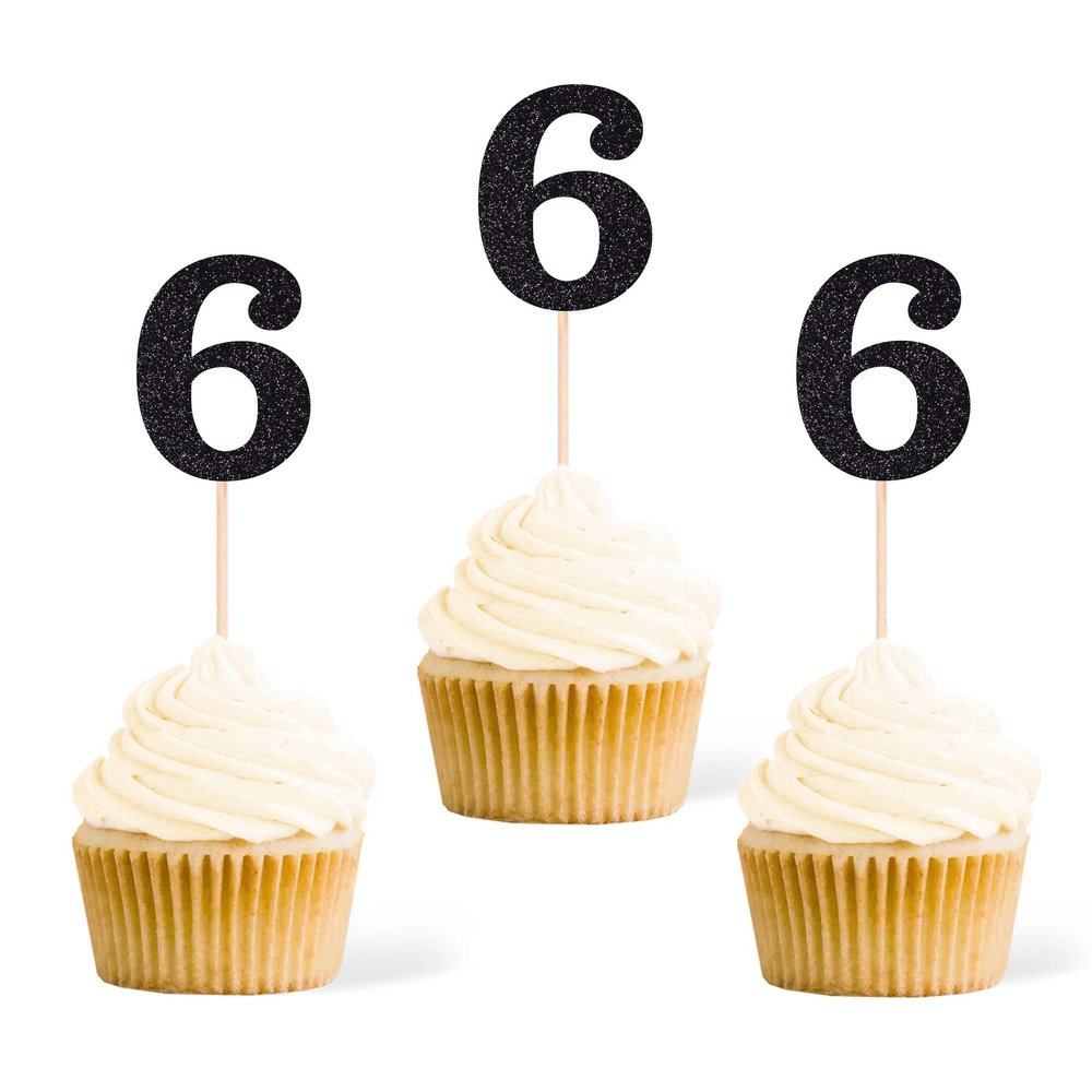 Gexolenu 24 PCS Black Double-sided 6th Birthday Cupcake Toppers, Glitter Age SIX Cake Picks Decor, Sixth Happy Birthday Party Decorations Baby Shower Anniversary Party Supplies