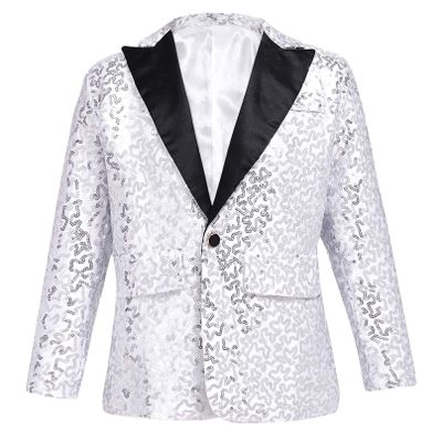 Agoky Kid Boys Shiny Sequin Gentlemen Suit Blazer One Button Jacket Coat Wedding Pageant Party Formal Tuxedo Clothes Silver 12 Years