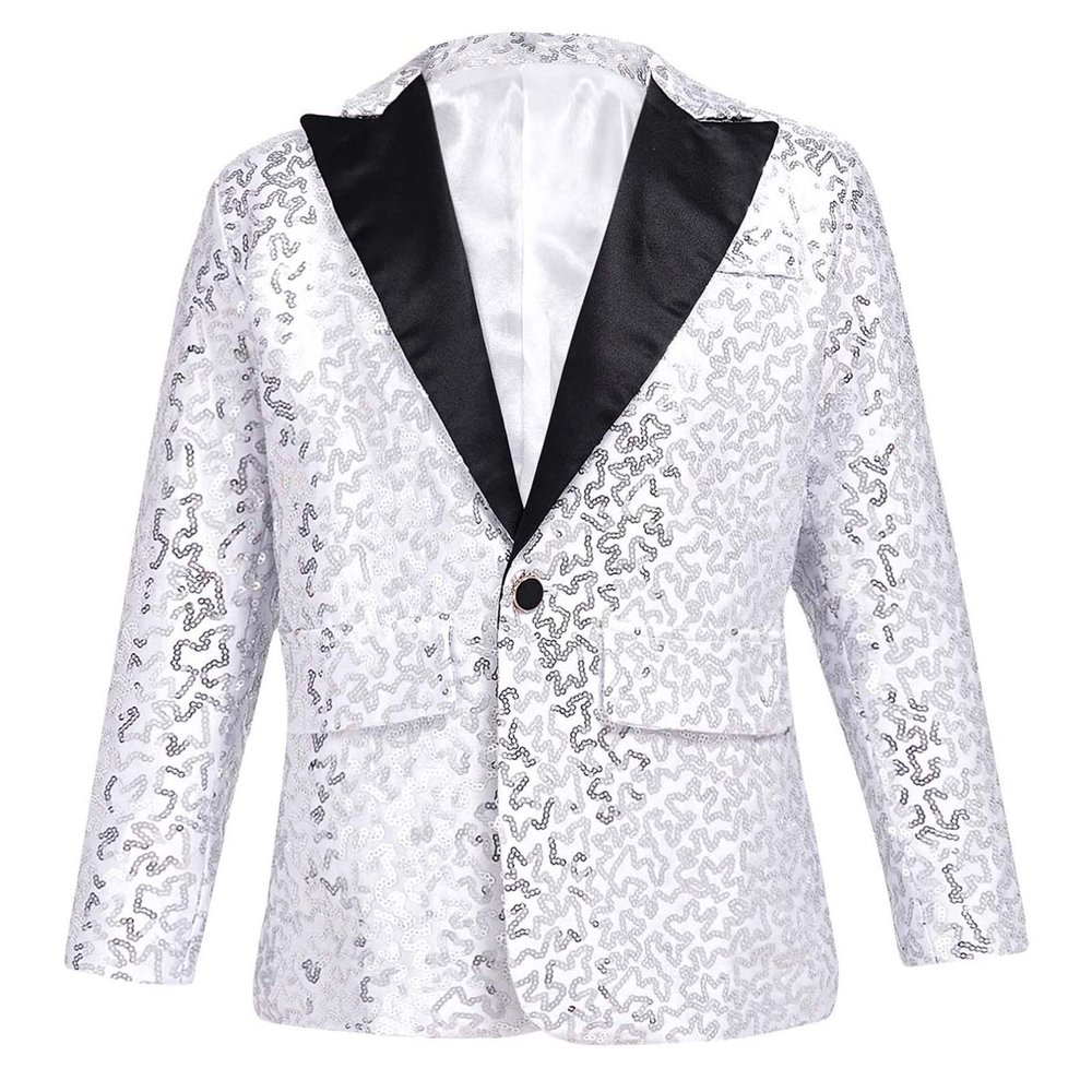 Agoky Kid Boys Shiny Sequin Gentlemen Suit Blazer One Button Jacket Coat Wedding Pageant Party Formal Tuxedo Clothes Silver 12 Years