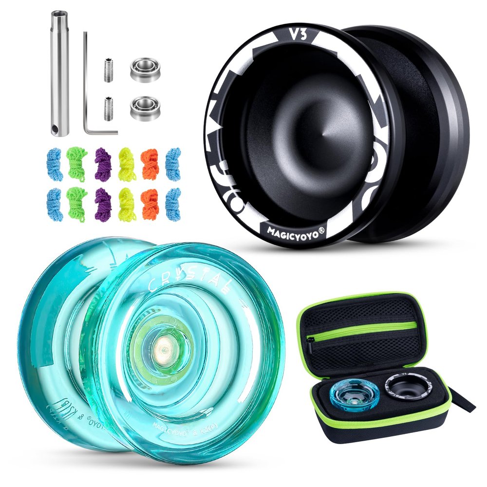 MAGICYOYO Professional Pack of 2 Yoyos V3+K2, Responsive Yo yo for Kids Beginner, Dual Purpose Trick Yo Yo with Unresponsive Yoyo Bearing for Adults/Advanced+Extra Case Bag + 12 Yo-yo Strings