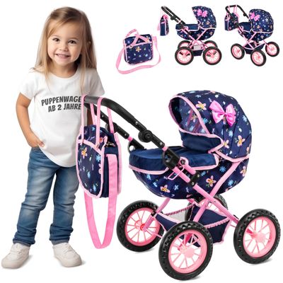 Adjustable Baby Doll Stroller Toy with Foldable Hood | Lightweight Design for Dolls Up to 16 Inches | Quiet Foam Wheels, Machine-Washable Bassinet Pram, Indoor and Outdoor Play, Model KP0262I