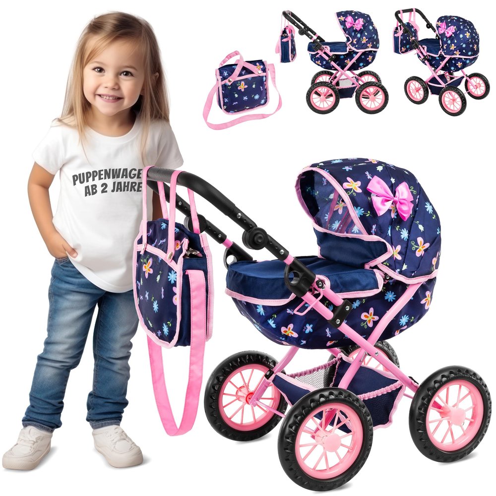 Adjustable Baby Doll Stroller Toy with Foldable Hood | Lightweight Design for Dolls Up to 16 Inches | Quiet Foam Wheels, Machine-Washable Bassinet Pram, Indoor and Outdoor Play, Model KP0262I