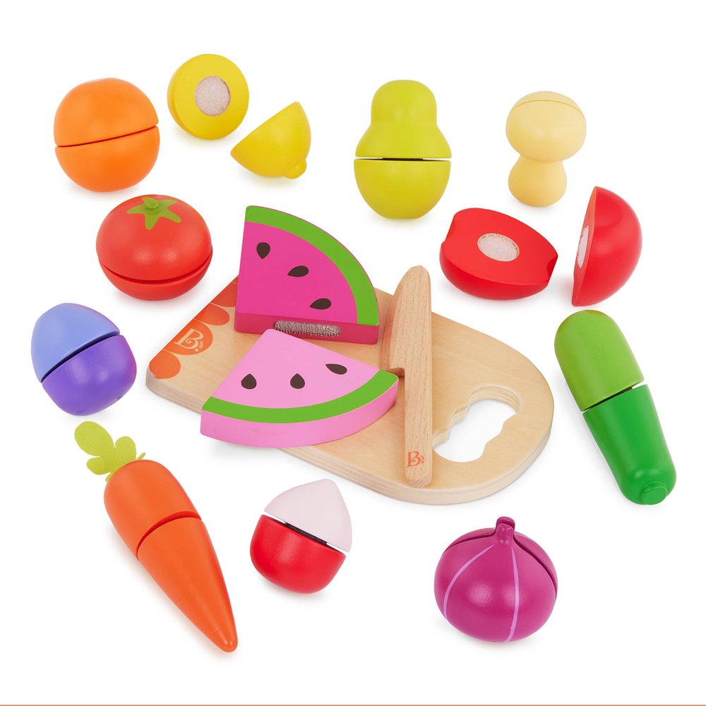B. toys Chop 'n' Play Wooden Fruits & Veggies Pretend Play Playset Sliceable Play Food for Toddlers, Kids Play Knife & Cutting Board 2+ Years