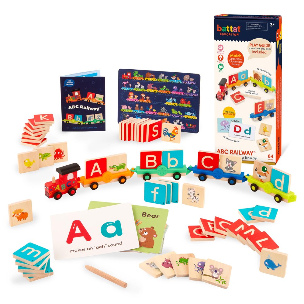 Battat Education Wooden Alphabet Train Set ABC Letter Train Toy with 84 Pieces for Toddlers Educational Color & Shape Recognition