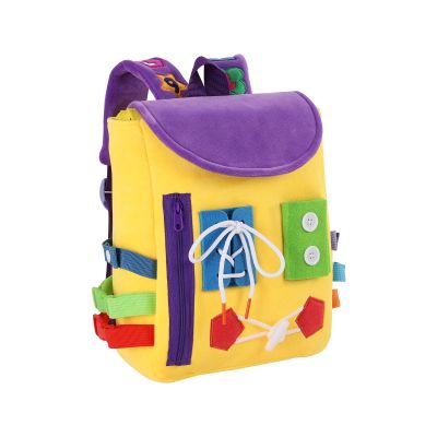 Busy Board - Toddler Backpack with Buckles and Learning Activity Toys - Develop Fine Motor Skills and Basic Life Skills - Learn to Tie Shoes - Children's Travel Toy (Yellow)