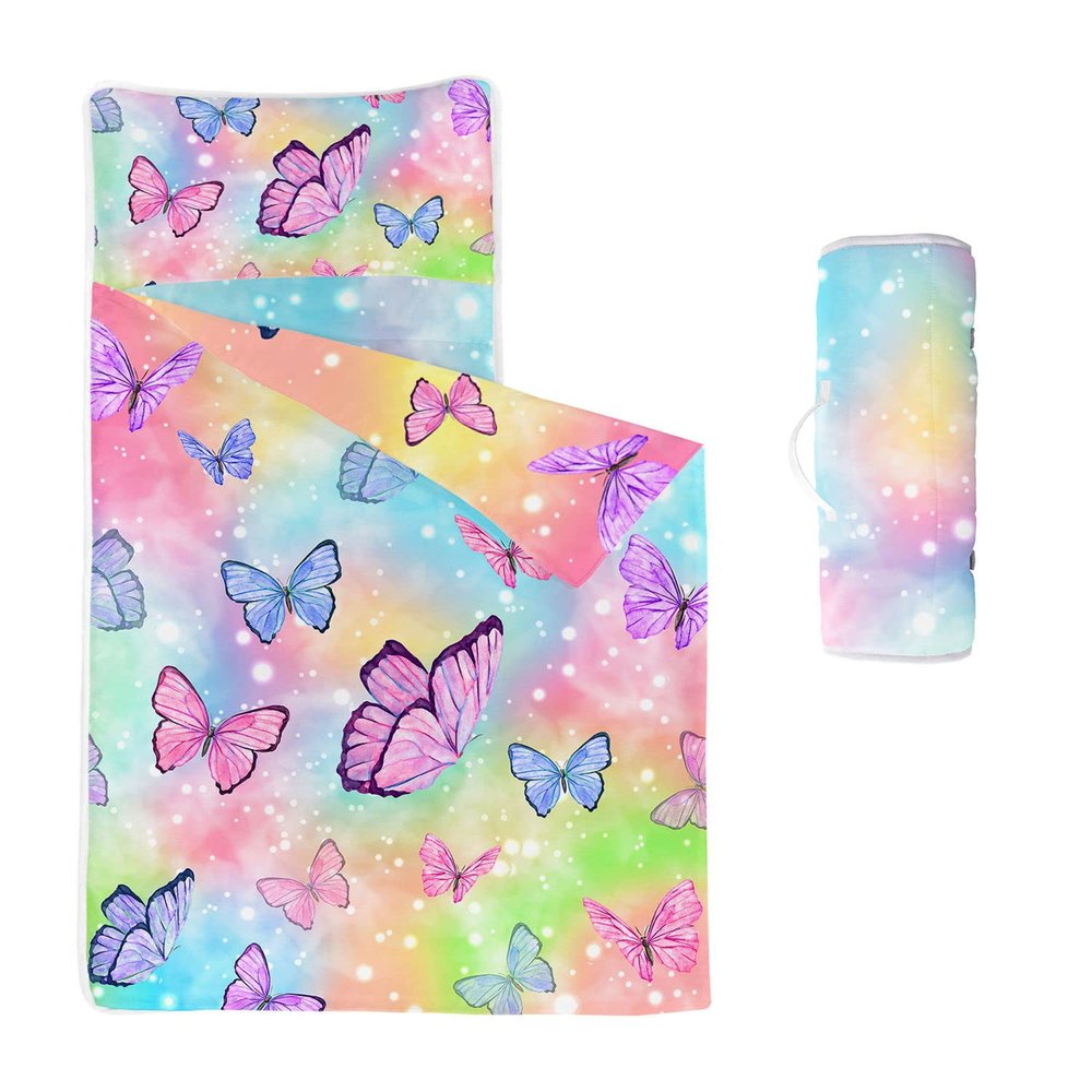 Datura home Space Nap Mat - Watercolor Butterfly Sleeping Bag with Removable Pillow - Daycare and Sleepovers Preschool Kindergarten Bedding Set for Kids Toddler Boys Girls (50"x21" Butterfly)