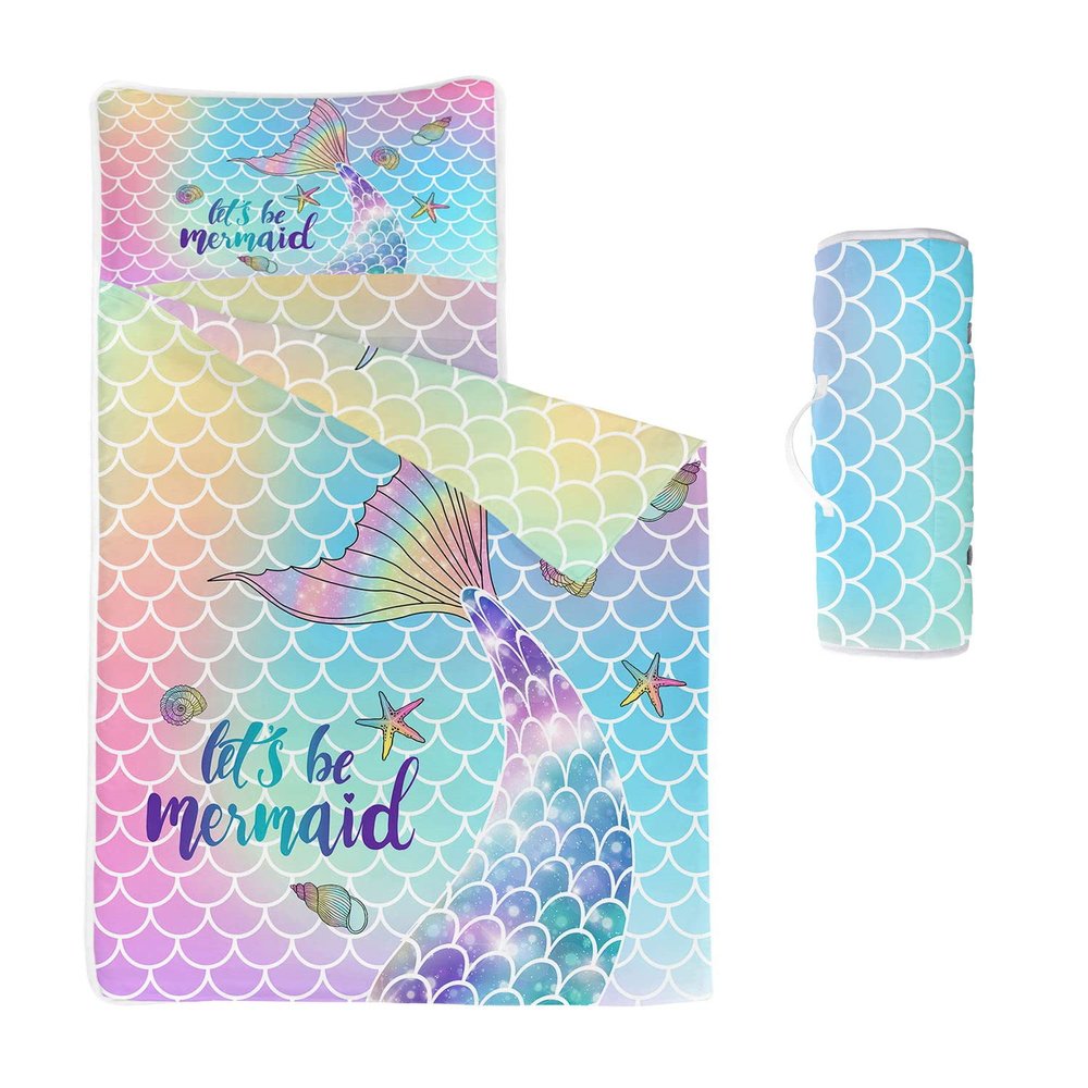 Datura home Space Nap Mat - Blue Mermaid Sleeping Bag with Removable Pillow - Daycare and Sleepovers Preschool Kindergarten Bedding Set for Kids Toddler Boys Girls (60"x21" Blue Mermaid)