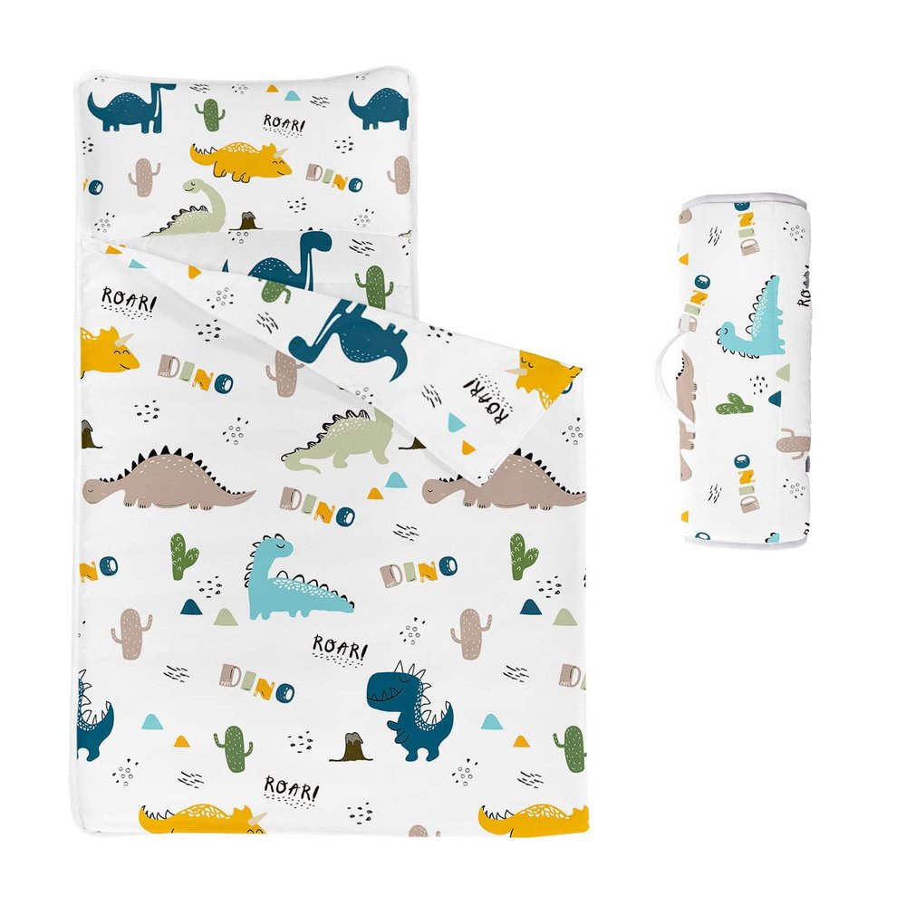 Datura home Space Nap Mat - White Dinosaur Sleeping Bag with Removable Pillow - Daycare and Sleepovers Preschool Kindergarten Bedding Set for Kids Toddler Boys Girls (50"x21" White Dinosaur)