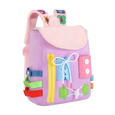 Busy Board - Toddler Backpack with Buckles and Learning Activity Toys - Develop Fine Motor Skills and Basic Life Skills - Learn to Tie Shoes - Children's Travel Toy (Purple)